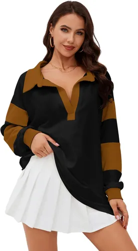 Meladyan Sudadera tipo polo de manga larga con cuello en V y parches de bloques de color para mujer, sudadera de gran tamaño