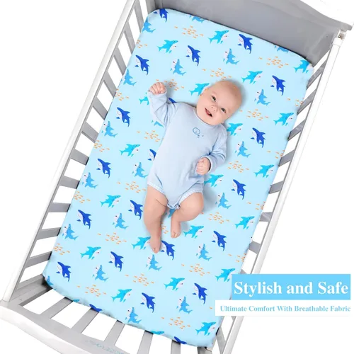Miniatura 2 de UOMNY Sábana bajera para cuna para niños tiburón, sábana bajera ajustable para cuna estándar y colchones para niños pequeños, sábanas de cuna marina