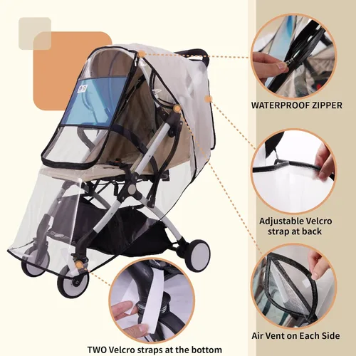 Miniatura 3 de Bemece Funda de lluvia para cochecito, accesorio universal para cochecito, protector contra el clima de viaje del bebé, resistente al viento, Blanco