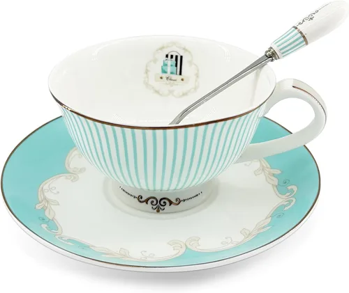 Juego de taza de té y taza de café vintage Royal Bone China con platillo y cuchara, elegante taza de té de cerámica a rayas para té de la tarde,