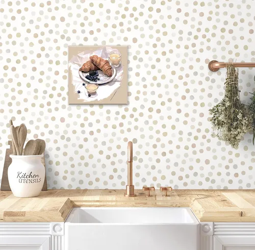 Miniatura 2 de Dimoon Papel Tapiz Despegar y Pegar de 17.3''x78.7'' Boho Beige Papel de Contacto Natural Moderno de Lunares Blancos Papel Tapiz Removible para Baño