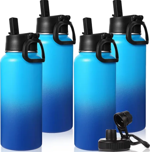 Miniatura 17 de Neihepal Botella de agua aislada de 32 onzas con 2 tapas (tapa con pajilla y boquilla), botellas de agua de doble pared de acero inoxidable 18/8