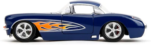Miniatura 3 de Jada Big Time Muscle 1:24 1957 Chevrolet Corvette - Auto fundido a presión, juguetes para niños y adultos (azul oscuro/llamas)