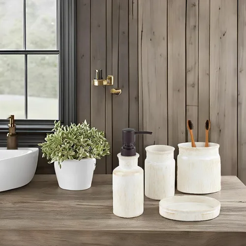 Miniatura 7 de Creative Scents Juego de accesorios de baño rústico de lujo completo - Set de 4 piezas de dispensador de jabón beige para baño incluye: dispensador