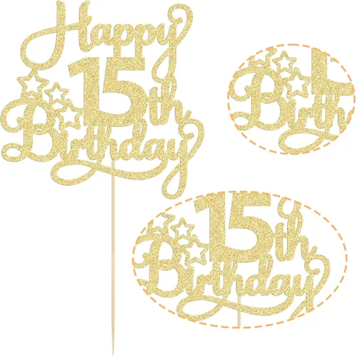 Miniatura 3 de 1 paquete de decoración de pastel de feliz 15 cumpleaños, topper de pastel dorado con purpurina Mis Quince 15, saludos a 15 años, adorno de pastel