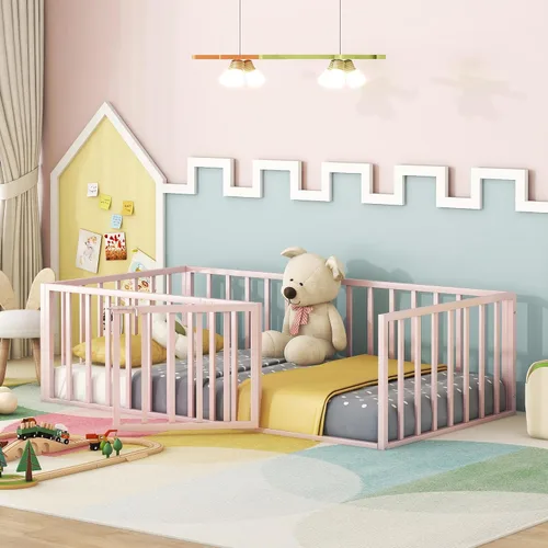 Miniatura 19 de Base de cama individual para niños, cama Montessori de metal con rieles y puerta, marco de cama de tamaño individual con barandillas