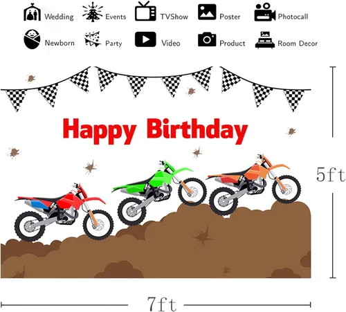 Miniatura 3 de AIBIIN Telón de fondo de cumpleaños de motocicleta de 7 x 5 pies para niños, carreras de moto, banderas de fiesta de cumpleaños, decoración