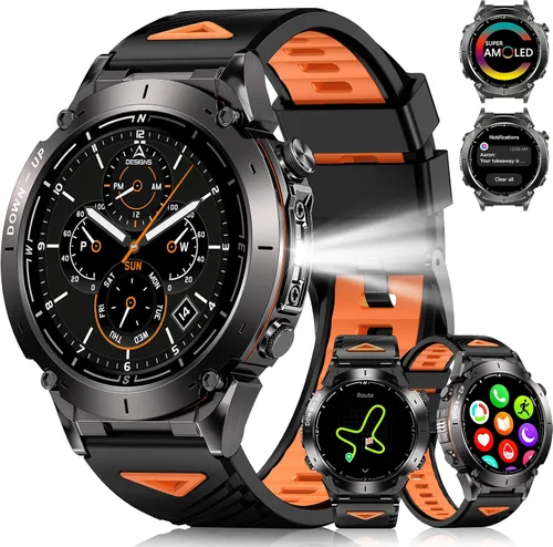 Reloj inteligente militar con GPS para hombre con llamada Bluetooth, AMOLED de 1.43 pulgadas, batería de 730 mAh/linterna, 3 ATM impermeable, más de
