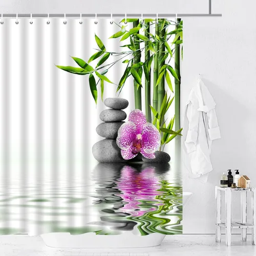 Miniatura 2 de Cortinas de ducha Zen de bambú verde flor púrpura reflejo de piedra agua paisaje spa jardín patrón impresión baño accesorios cortina juego
