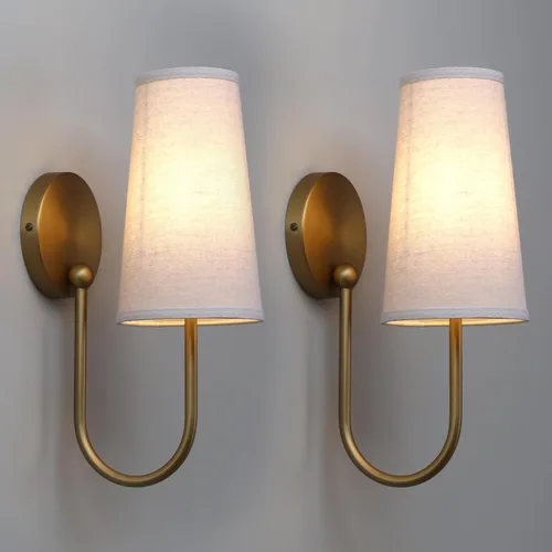 Yosoan - Juego de 2 apliques de pared con pantalla de tela de lino color latón, lámpara de pared industrial vintage montada en la pared con pantalla