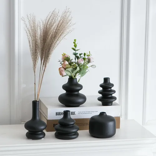 Miniatura 4 de JOJUNO - Juego de 5 jarrones negros de brotes, pequeños jarrones de cerámica, mini jarrones de cerámica para flores, jarrones decorativos
