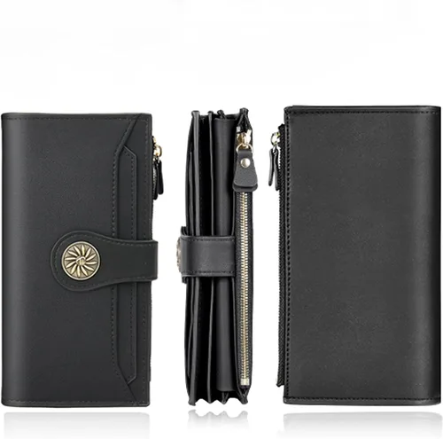Miniatura 6 de Travelambo - Cartera de piel auténtica encerada con bloqueo de identificación de radiofrecuencia (RFID) para mujer, con gran capacidad, bolso