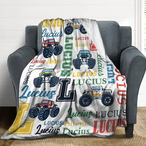 Miniatura 4 de Artsadd Manta personalizada con nombre, diseño de camiones monstruo, manta de bebé para niñas, niños pequeños, manta de cochecito recién nacido