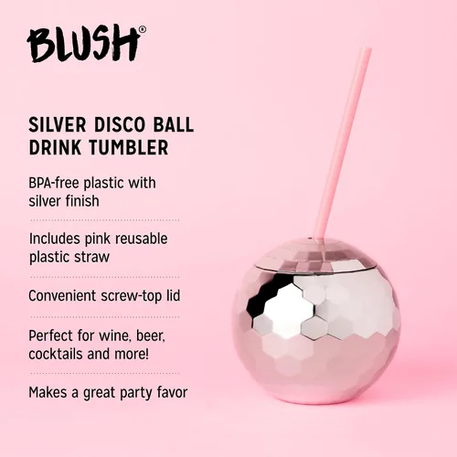 Miniatura 2 de Blush Taza de bola de discoteca plateada con pajitas para fiestas, 16 onzas, lindo vaso de bebida de bola de cóctel con purpurina brillante