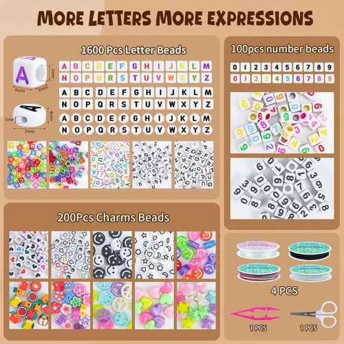 Miniatura 2 de Kit de 4500 cuentas de poni, 6 cajas con 1600 cuentas de letras, pulseras de la amistad, cuentas Kandi Rave para hacer joyas, llavero trenzado