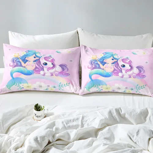 Miniatura 7 de Erosebridal Sábanas de sirena azul para niñas, juego de sábanas de unicornio lindo tamaño matrimonial, 4 piezas para niños, sábanas de arcoíris