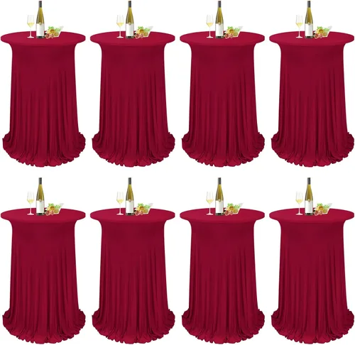 Miniatura 15 de Paquete de 4 manteles redondos para mesa de cóctel, de 32 x 43 pulgadas, de elastano, con cortinas onduladas, color beige, para mesa de boda, bar