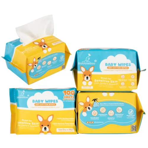 BabbleRoo Toallitas secas para bebé – Toallitas de algodón 100% a base de plantas, hipoalergénicas, sin fragancia, sin químicos, suaves para pieles