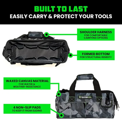 Miniatura 3 de Rhino USA Bolsa de herramientas (18 pulgadas) resistente de boca ancha con cremallera para hombres, bolsas grandes para herramientas con bolsillos