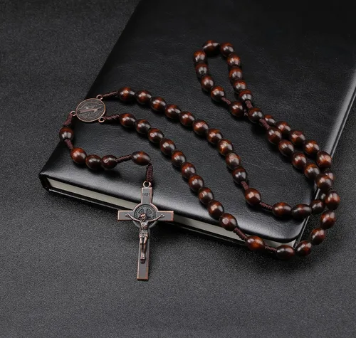 Miniatura 4 de Rosarios católicos de madera hechos a mano y crucifijo de metal, cuentas de oración de madera, collar de cruz católica, rosario cristiano, rosarios