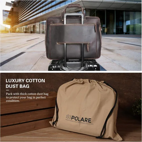 Miniatura 3 de Polare - Maletín de negocios de 18 pulgadas de grosor de cuero de grano completo para laptop de 17.3 pulgadas, bolsa de trabajo para hombres