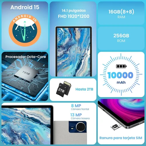 Miniatura 2 de Tablet de pantalla grande de 14 pulgadas, tableta Android 15, 16 GB de RAM, 256 GB de ROM, pantalla IPS FHD de 1920 x 1200, Widevine L1, carga