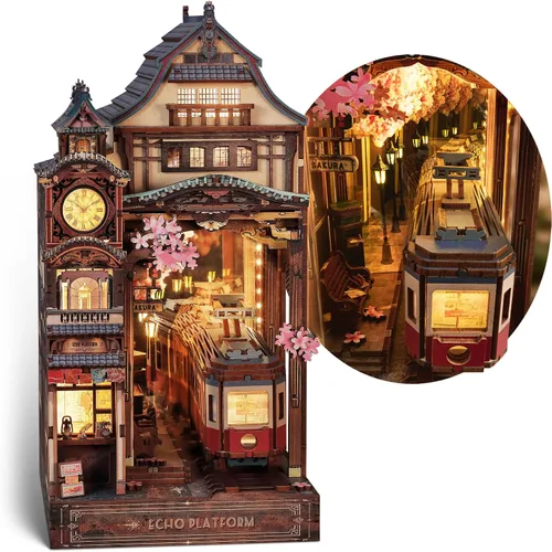 FUNPOLA Kit de rincón de lectura del tren Sakura – Rompecabezas de madera 3D con LED y espejo infinito – Decoración de estantería DIY, manualidad en
