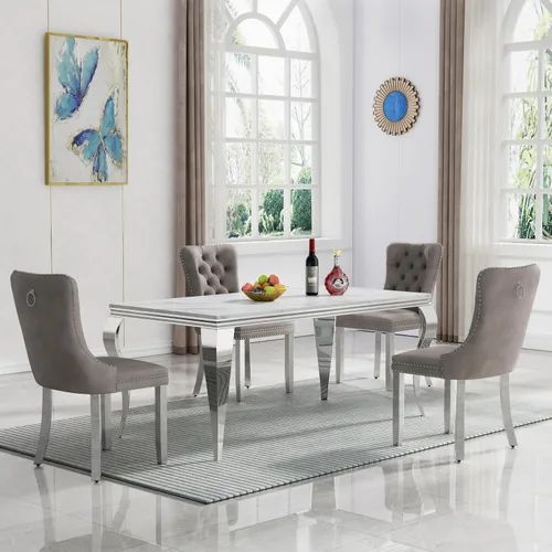Miniatura 66 de HomVent Juego de mesa de comedor moderna de mármol sintético para 4 personas, mesa de cocina rectangular con 4 sillas beige (dorado)