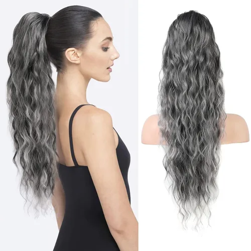 Miniatura 17 de HOOJIH Extensión de cola de caballo, extensiones de cabello con cordón para cola de caballo de 26 pulgadas de largo, pelo rizado y ondulado natural