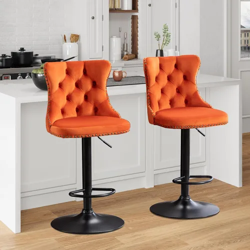 Miniatura 12 de Aoowow Juego de 2 taburetes de bar giratorios ajustables con respaldo de terciopelo copetudo, sillas de bar modernas tapizadas con cabeza de clavo