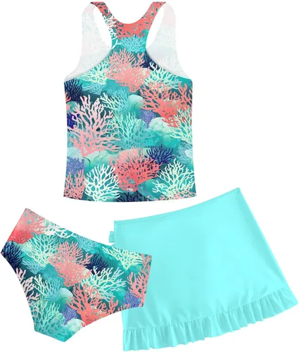 Miniatura 52 de Traje de baño tankini de 3 piezas para niñas, lindo bikini con salida de baño con falda de playa de 5 a 16 años
