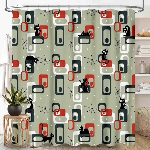 Cortina de ducha de mediados de siglo para baño, moderna, con impresión abstracta geométrica atómica de gatos, encantadora, color negro, estilo