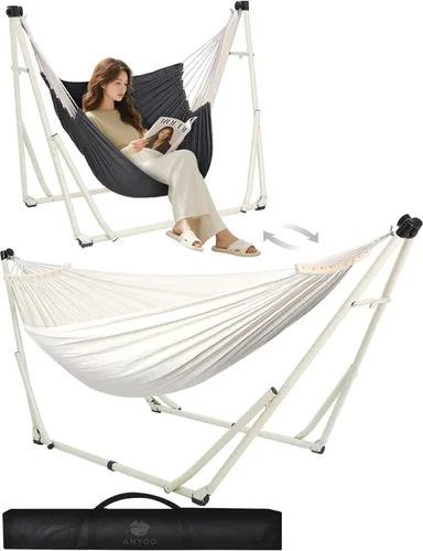 Miniatura 10 de Anyoo Hamaca y silla oscilante 2 en 1 con soporte de acero plegable y funda de transporte, portátil y ajustable, fácil de instalar para exteriores