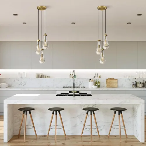 Miniatura 4 de Lámpara colgante de latón de 3 luces para isla de cocina, lámpara colgante de racimo de lluvia, lámpara de techo de cristal con cuerda ajustable
