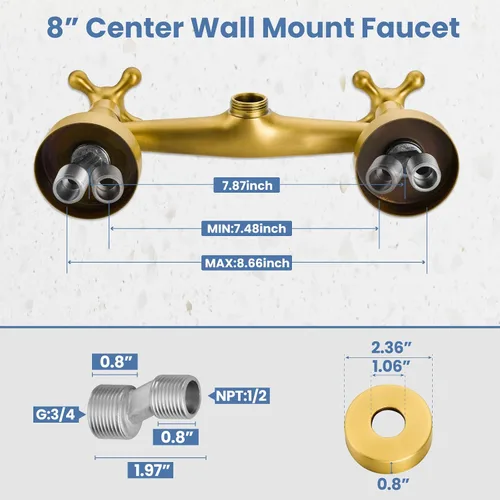 Miniatura 5 de Airuida Grifo de cocina de montaje en pared con rociador, grifo de fregadero de cocina montado en la pared, asas dobles cruzadas, boquilla giratoria