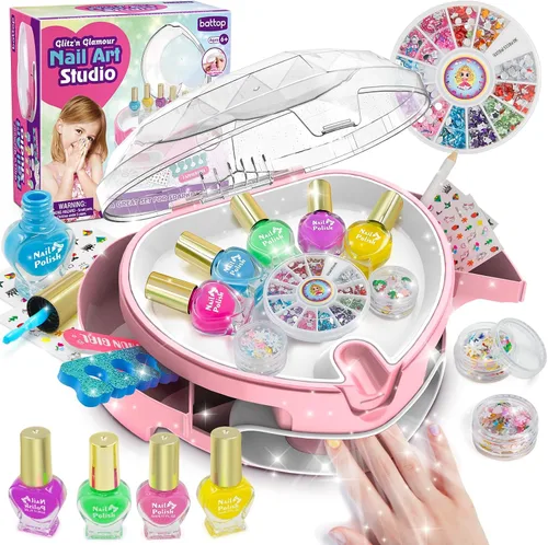 BATTOP Set de Esmalte de Uñas para Niñas, Kit de Uñas para Niños con Organizador, Secador de Uñas, Esmalte, Adhesivos, Gemas y Lima - Ideas de