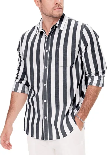 Miniatura 17 de JEKAOYI - Camisas de lino con botones para hombre, de manga larga, ajuste regular, de algodón, camisas de playa con bolsillo