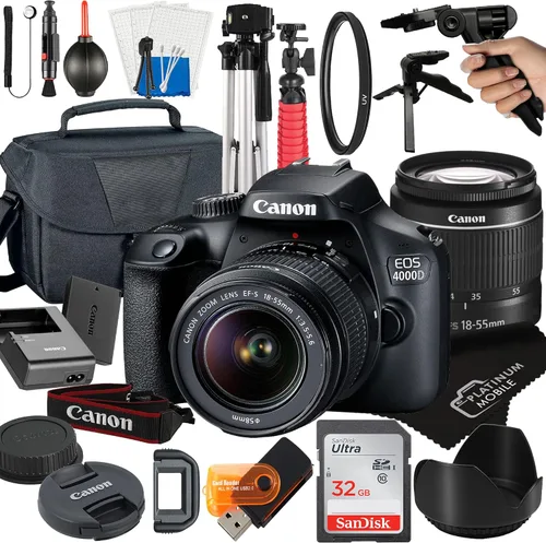 Canon Cámara DSLR EOS 4000D/Rebel T100 con lente de 0.709-2.165 in + accesorio móvil Platino. El paquete incluye: tarjeta SanDisk de 32 GB, trípode,