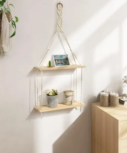 Miniatura 4 de Afuly Estante colgante de pared de macramé, estantes flotantes bohemios, cuerda de algodón, decoración rústica del hogar, 2 niveles, colgador