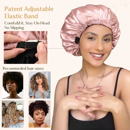 Miniatura 5 de YANIBEST Gorro de satén ajustable de doble capa para dormir, gorra para el cabello para mujeres con cabello rizado natural, color púrpura
