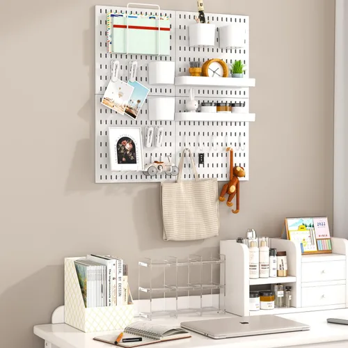 Miniatura 6 de Kit de combinación de tablero de clavijas, 4 tableros de clavijas con 20 accesorios, organizador de pared de tablero de clavijas para oficina, Blanco