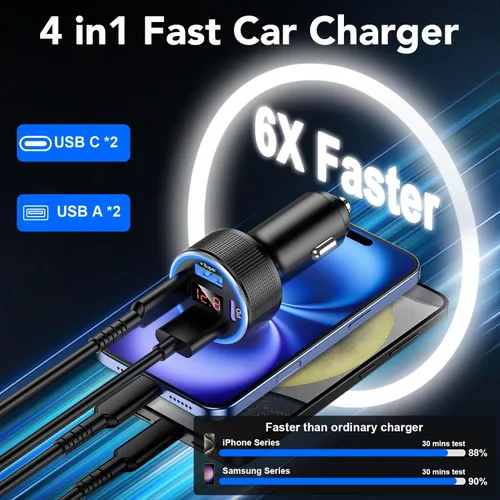 Miniatura 4 de Cargador de coche USB C de carga rápida, 4 puertos 78 W cargador de teléfono de coche de metal con voltímetro, 2 USB-C y 2 USB-A 12 V-24 V cargador