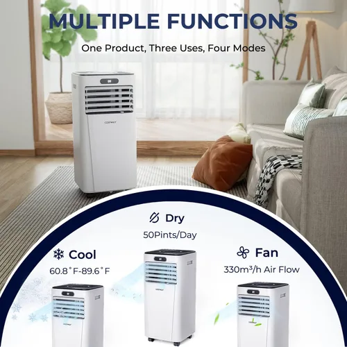 Miniatura 2 de COSTWAY - Aire acondicionado portátil, enfriador de aire de 10000 BTU con secado, ventilador, modo de suspensión, 2 velocidades, función de Blanco