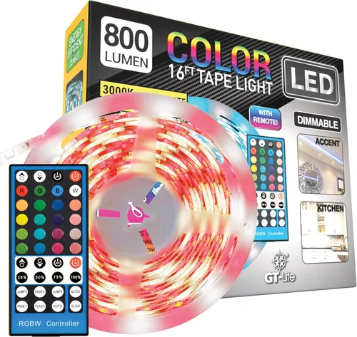 GT-Lite Tira de luces LED de 800 lúmenes, cinta blanca y de color de 16 pies, cortada y conectada