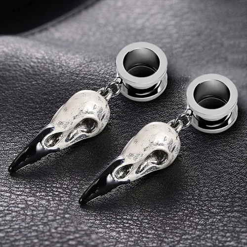 Miniatura 3 de 2 pendientes de dilatación de oreja para dilatadores de oídos, dilatadores de oído, joyería corporal, cuervo, cráneo de cuervo, dilataciones de acero