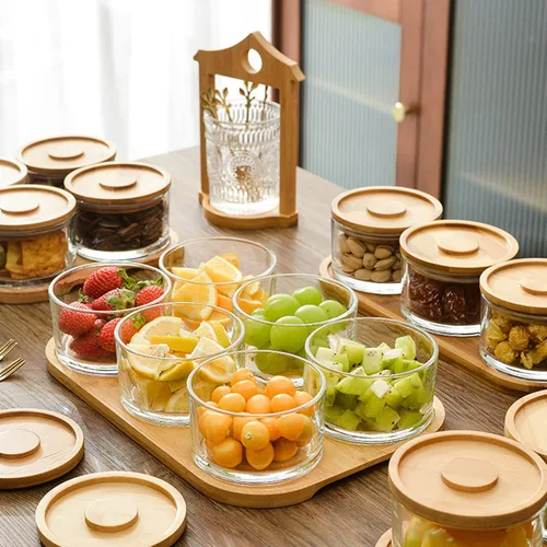 Miniatura 6 de Juego de servir chips y salsa con bandeja de bambú, plato de frutas y frutos secos, pequeños cuencos de vidrio con tapas para condimentos