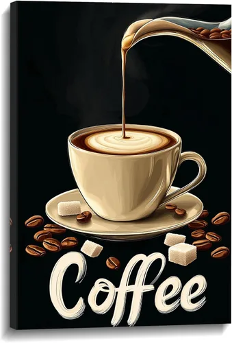 Coffee Canvas Wall Art Kitchen Wall Decor Black Poster Espresso with Coffee Bean Picture Vintage Prints Latte Art for Bar Dining Room Wall Decor