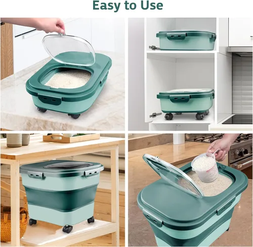 Miniatura 3 de Komzon Contenedores de almacenamiento de arroz, dispensador plegable de 20 a 30 libras de almacenamiento de alimentos con rueda rodante y tapa