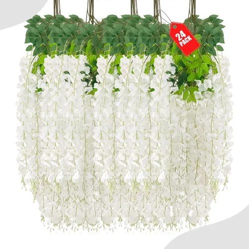 Miniatura 55 de Paquete de 12 flores colgantes de glicina rosa, flores colgantes falsas de 3.44 pies, guirnalda de glicina artificial para decoración de boda, telón