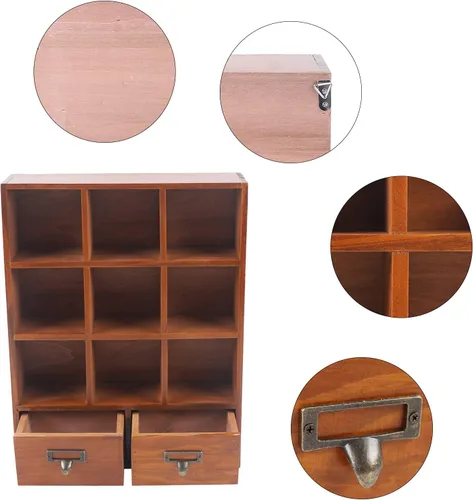 Miniatura 9 de Estante de almacenamiento vintage con 2 cajones, 9 cubos de madera, estante abierto para dormitorio, 13.1 x 3.93 x 16.7 pulgadas, mango de metal